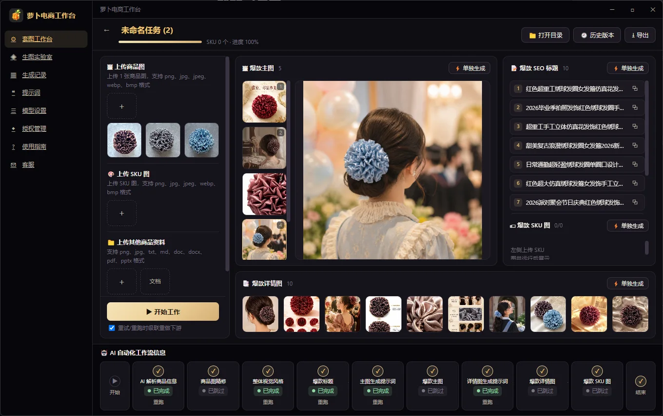 萝卜电商工作台主界面：上传商品图后，AI 已自动生成 5 张主图、10 张详情图与 10 条 SEO 标题